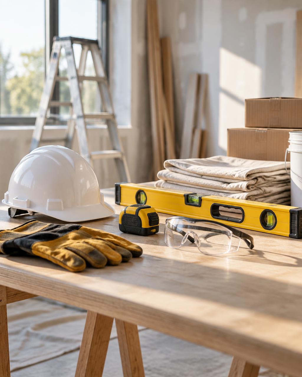 Organized contractor safety gear and supplies on a jobsite table