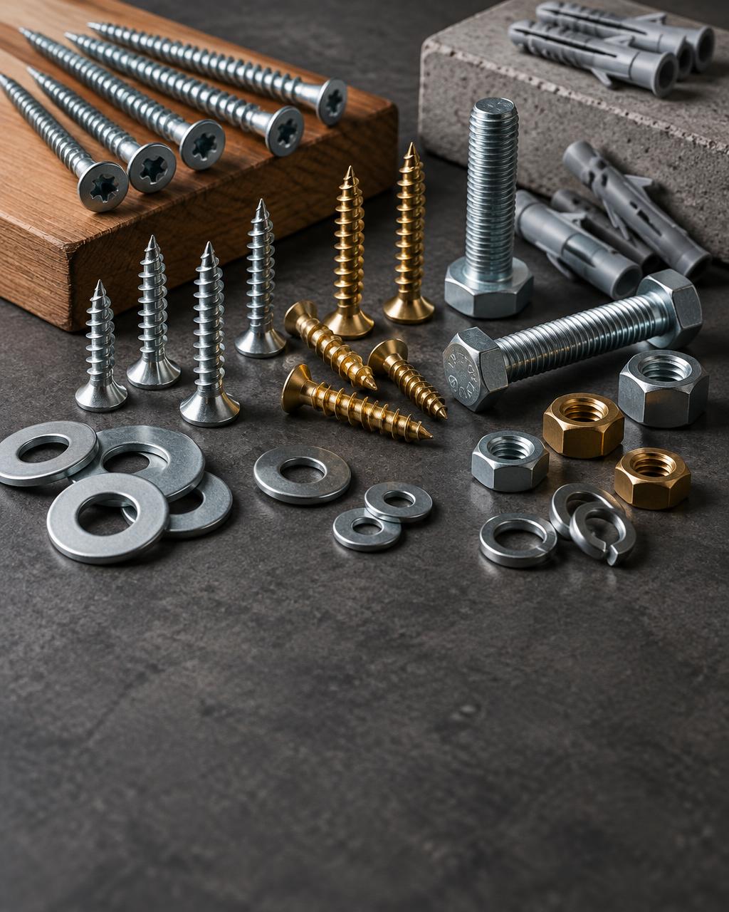Screws, anchors, washers, nuts, and bolts arranged on a dark surface
