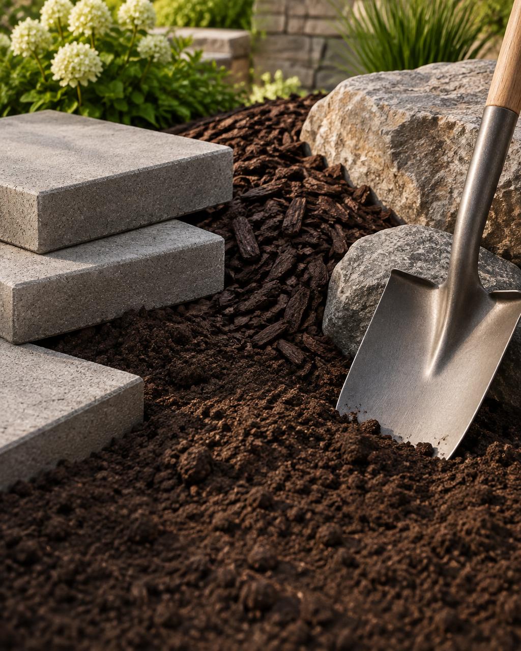 Pavers, stone, mulch, soil, and a garden spade