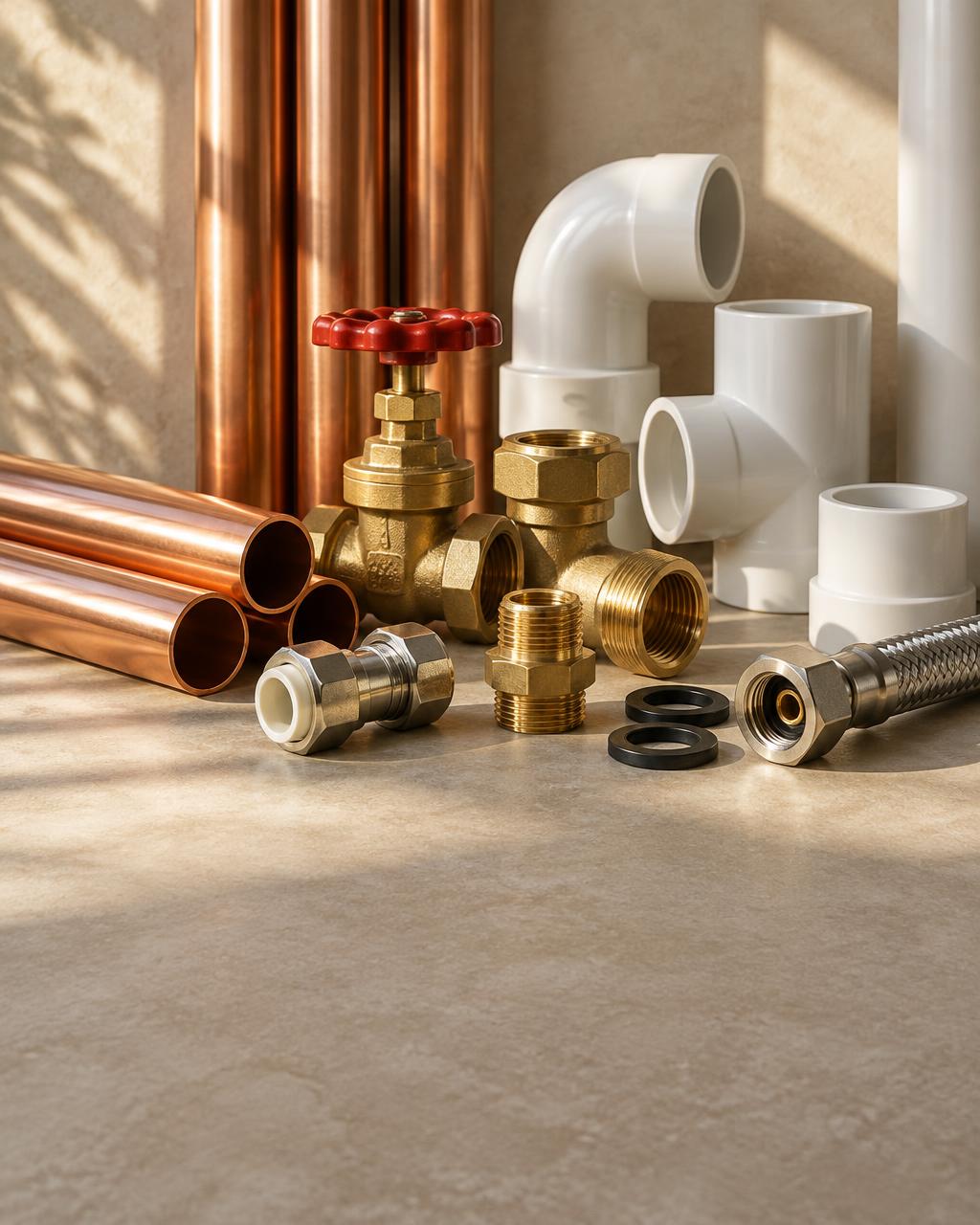 Copper pipes, brass valves, and PVC plumbing fittings